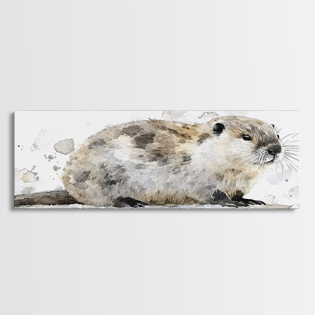 Cute River Otter In Snow Canvas Print, Watercolor Animal Art, Woodland Nursery Decor, Wildlife Wall Art, Housewarming Gift