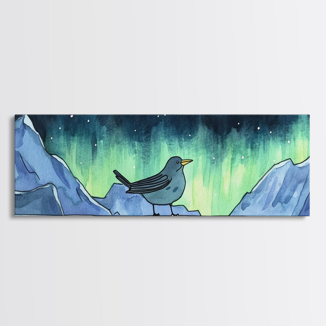 Aurora Bird On Snowy Arctic Mountains Canvas Print, Northern Lights Wall Art, Whimsical Animal Nursery Decor, Winter Gift