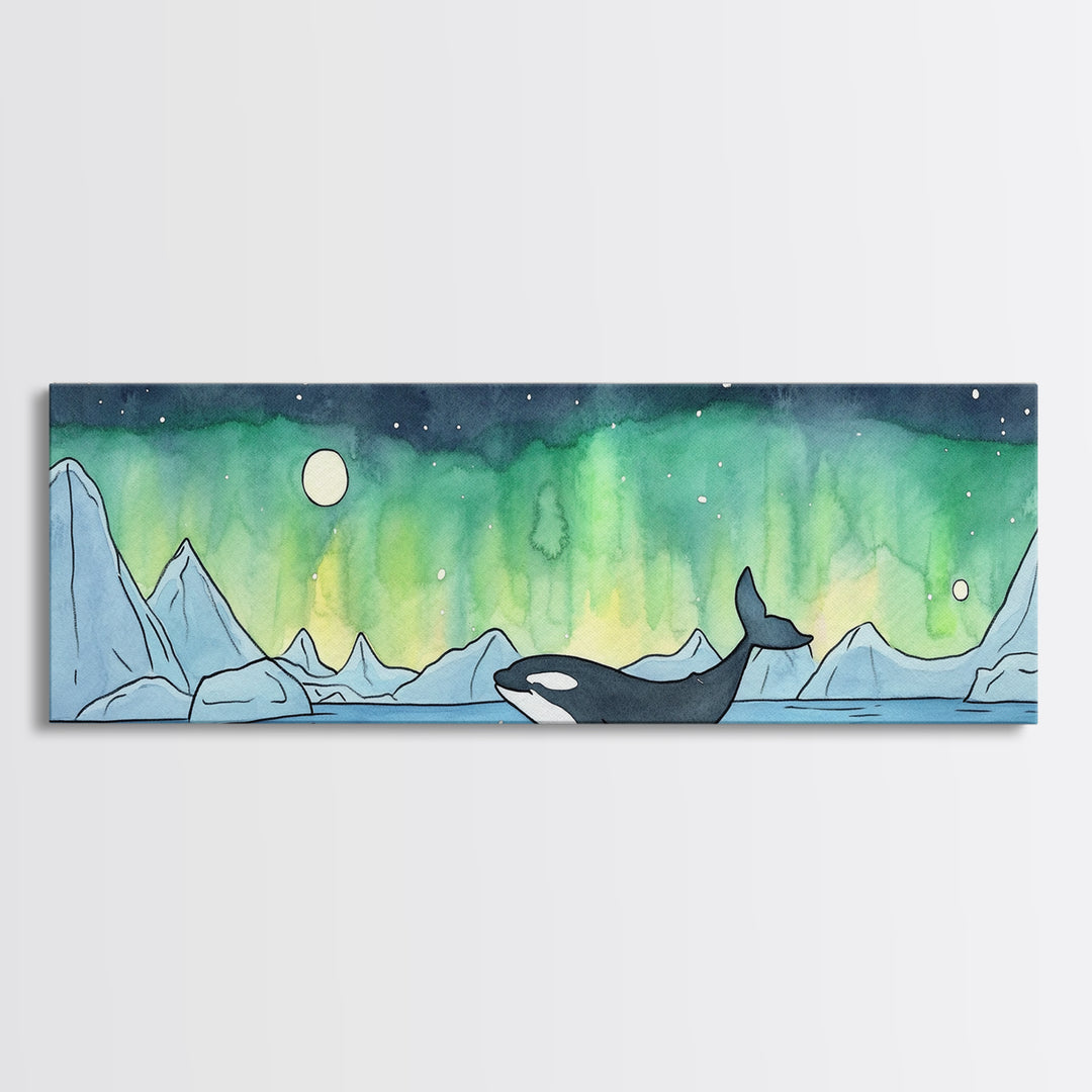Orca Whale Under Northern Lights Wall Art, Arctic Seascape Canvas Print, Ocean Animal Art, Nautical Nursery Decor Gift Idea
