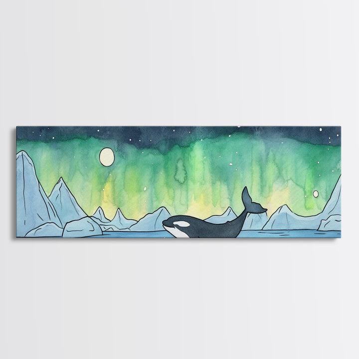 Orca Whale Under Northern Lights Wall Art, Arctic Seascape Canvas Print, Ocean Animal Art, Nautical Nursery Decor Gift Idea