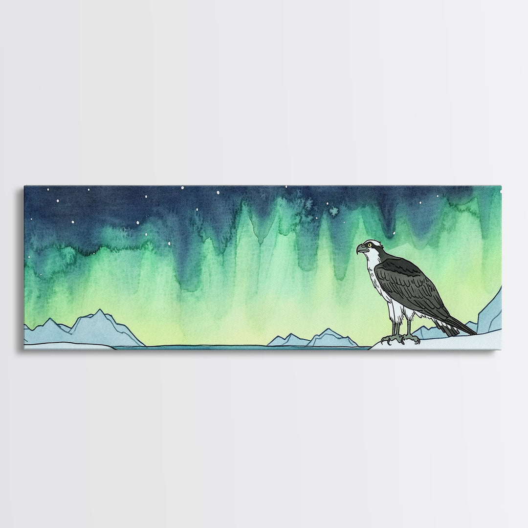 Osprey Over Icy Shore And Northern Lights Wall Art, Arctic Bird Canvas Print, Wildlife Nature Decor, Rustic Cabin Gift For Him
