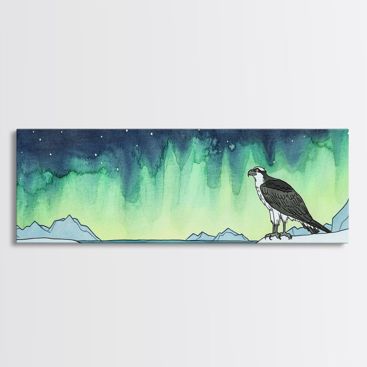 Osprey Over Icy Shore And Northern Lights Wall Art, Arctic Bird Canvas Print, Wildlife Nature Decor, Rustic Cabin Gift For Him