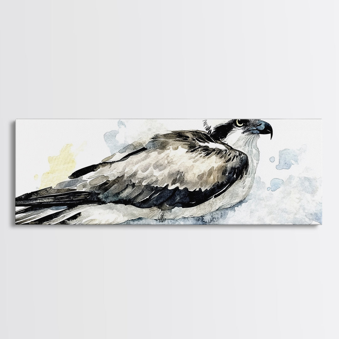 Flying Osprey Watercolor Wall Art, Black And White Bird Canvas Print, Wildlife Fine Art Print, Coastal Nature Decor Gift
