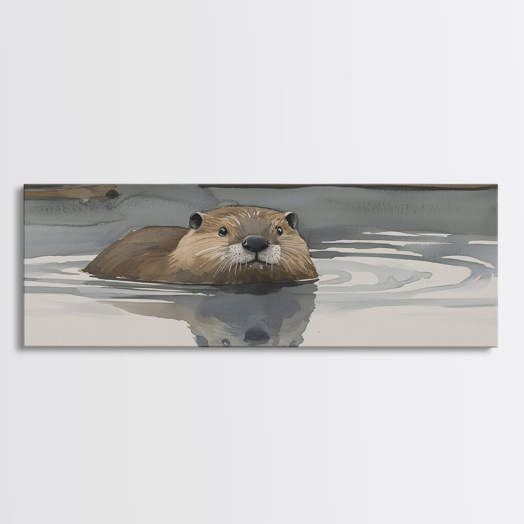 Swimming Otter In Moody Water Wall Art, Wildlife Canvas Print, Cozy Cabin Rustic Lake House Decor, Animal Lover Gift For Her