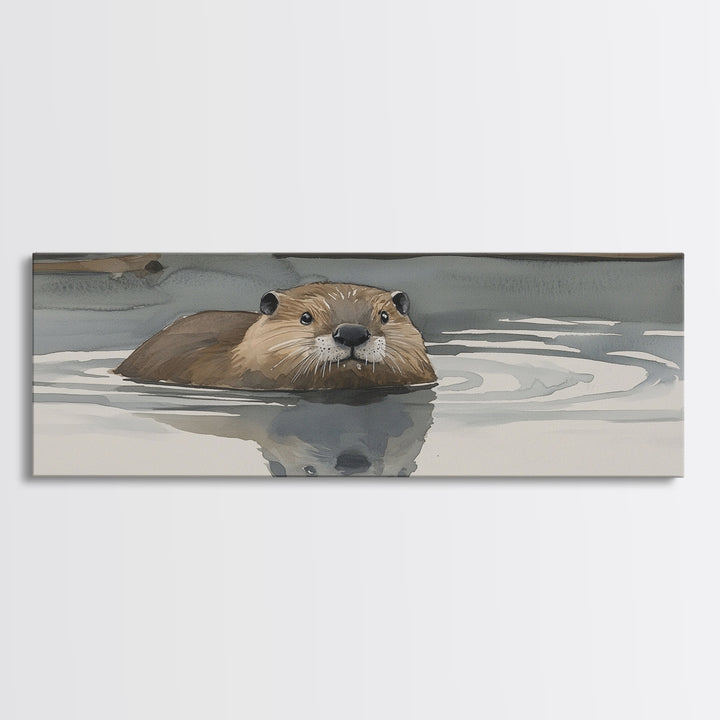 Swimming Otter In Moody Water Wall Art, Wildlife Canvas Print, Cozy Cabin Rustic Lake House Decor, Animal Lover Gift For Her