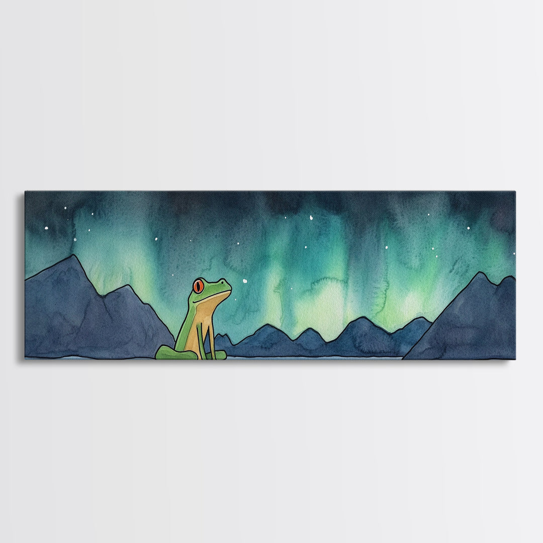 Green Frog Under Northern Lights Wall Art, Whimsical Animal Print, Mountain Lake Nursery Decor, Kids Room Wall Decor Gift