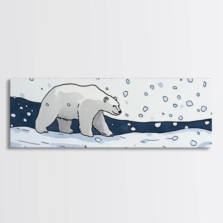 Polar Bear Walking In Falling Snow Canvas Print, Arctic Animal Wall Art, Winter Nursery Decor, Kids Room Wall Decor, Cabin Gift For Her