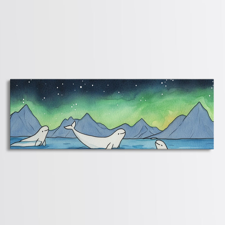 Beluga Whales Under Northern Lights Wall Art, Arctic Ocean Canvas Print, Wildlife Nursery Decor, Coastal Kids Room Art Print