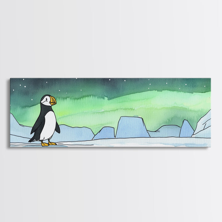Puffin On Icy Shore Under Northern Lights Wall Art, Arctic Bird Canvas Print, Wildlife Nursery Decor, Coastal Wall Decor