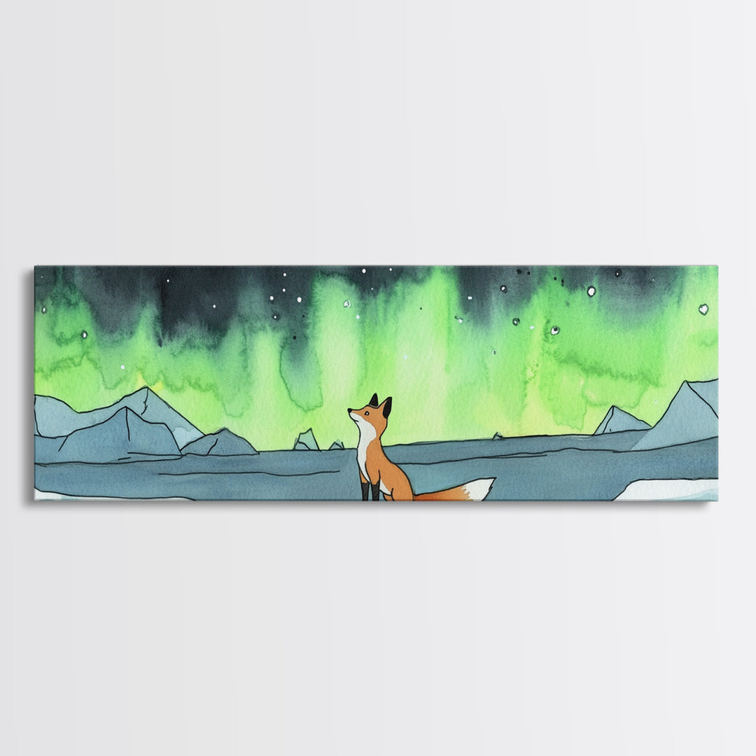 Fox Watching Northern Lights Wall Art, Arctic Wildlife Canvas Print, Woodland Animal Nursery Decor, Winter Landscape Print