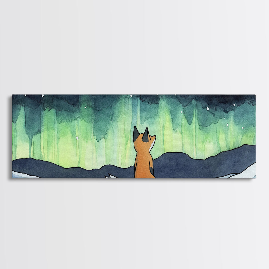 Fox Beneath Aurora Borealis Canvas Print, Winter Woodland Wall Art, Arctic Animal Decor, Cozy Nursery Art Print, Kids Room Decor