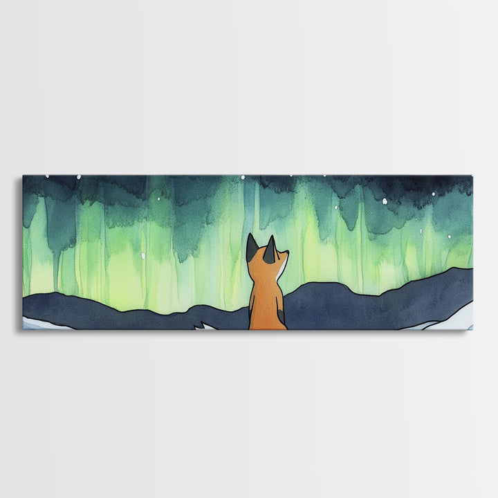 Fox Beneath Aurora Borealis Canvas Print, Winter Woodland Wall Art, Arctic Animal Decor, Cozy Nursery Art Print, Kids Room Decor
