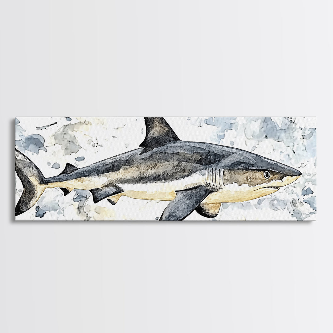 Great White Shark Watercolor Canvas Print, Ocean Wildlife Wall Art, Nautical Bathroom Decor, Coastal Kids Room Art Print