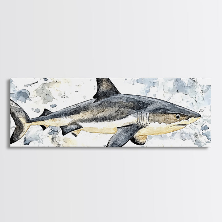 Great White Shark Watercolor Canvas Print, Ocean Wildlife Wall Art, Nautical Bathroom Decor, Coastal Kids Room Art Print