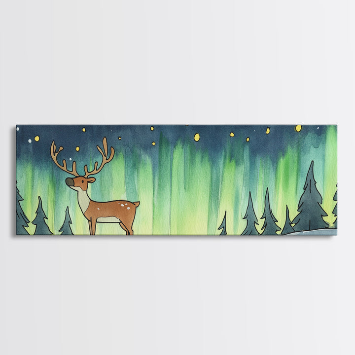Deer Under Northern Lights Wall Art, Winter Forest Canvas Print, Rustic Wildlife Decor, Woodland Nursery Art Print, Cabin Wall Decor