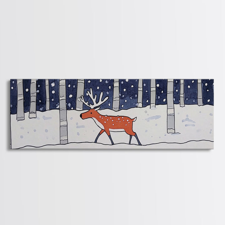 Snowy Birch Forest Reindeer Wall Art, Whimsical Woodland Animal Print, Winter Nursery Decor, Rustic Cabin Home Decor Gift