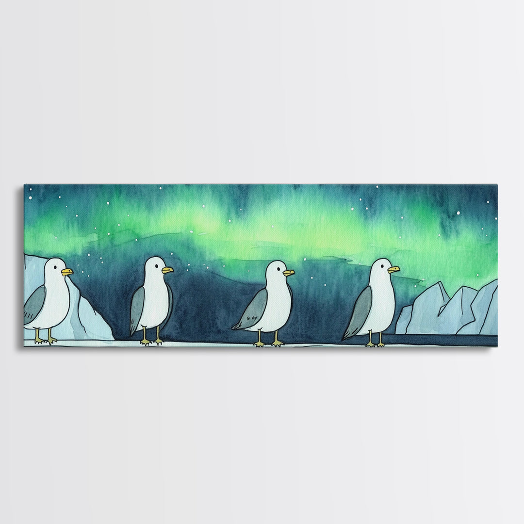 Northern Lights Penguin Wall Art, Cute Arctic Animal Print, Whimsical Nursery Decor, Coastal Ocean Home Decor Gift For Her