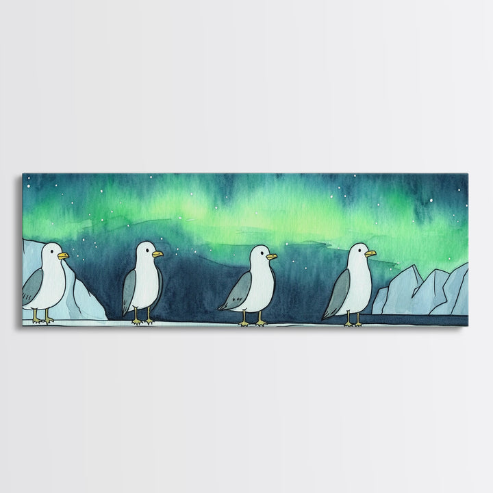 Northern Lights Penguin Wall Art, Cute Arctic Animal Print, Whimsical Nursery Decor, Coastal Ocean Home Decor Gift For Her