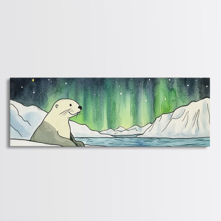 Polar Bear Northern Lights Wall Art, Arctic Wildlife Print, Winter Landscape Decor, Coastal Ocean Nursery Wall Decor Gift