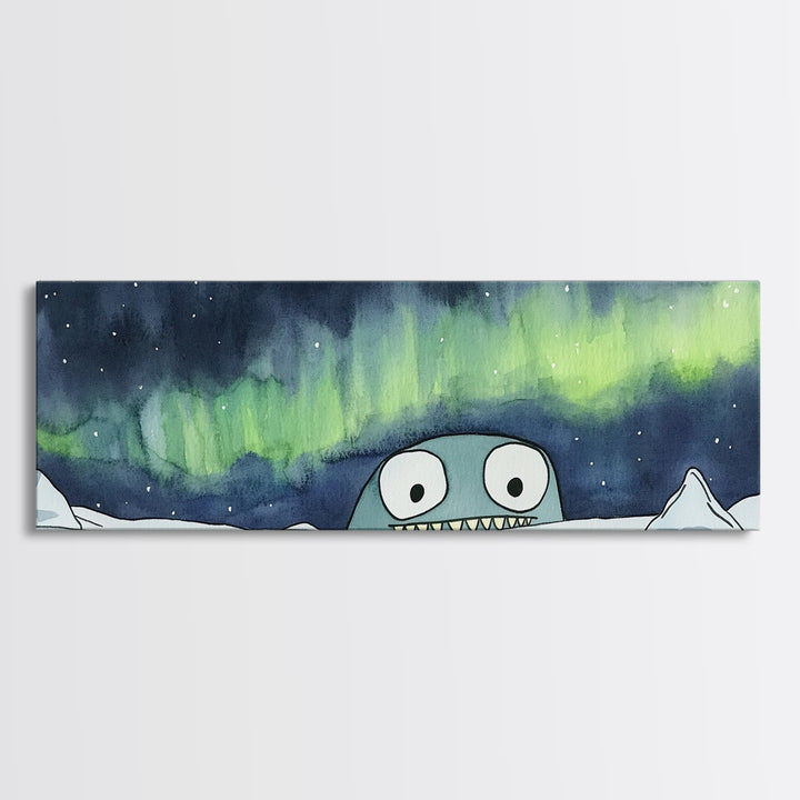 Cute Sea Monster Northern Lights Wall Art, Whimsical Arctic Print, Kids Room Decor, Playroom Nursery Wall Decor Gift For Kids