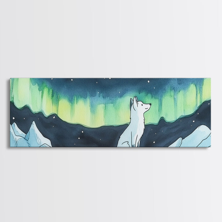Arctic Fox Under Green Northern Lights Canvas Print, Aurora Borealis Wall Decor, Winter Nursery Art, Celestial Nature Gift