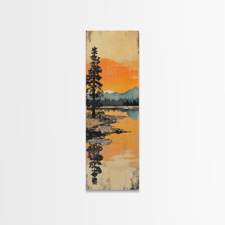Orange Mountain Lake Reflection Canvas Print, Japanese Landscape Wall Art, Pine Forest Decor, Serene Sunset Living Room Art
