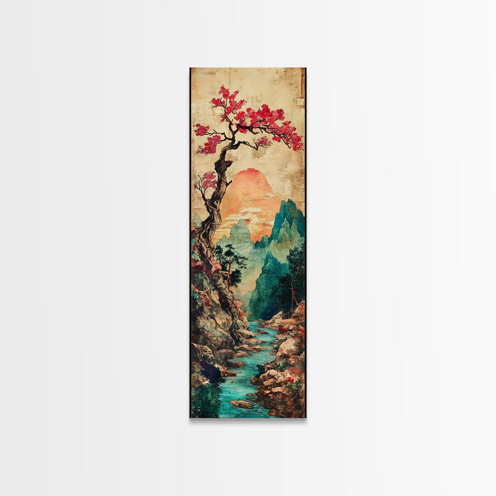 Cherry Blossom Mountain River Canvas Print, Japanese Landscape Wall Art, Teal Nature Decor, Romantic Spring Home Decor Print