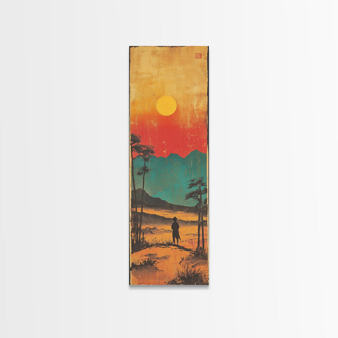 Lone Figure At Sunset Mountain Lake Framed Canvas Print, Japanese Landscape Wall Art, Moody Nature Decor, Vertical Poster