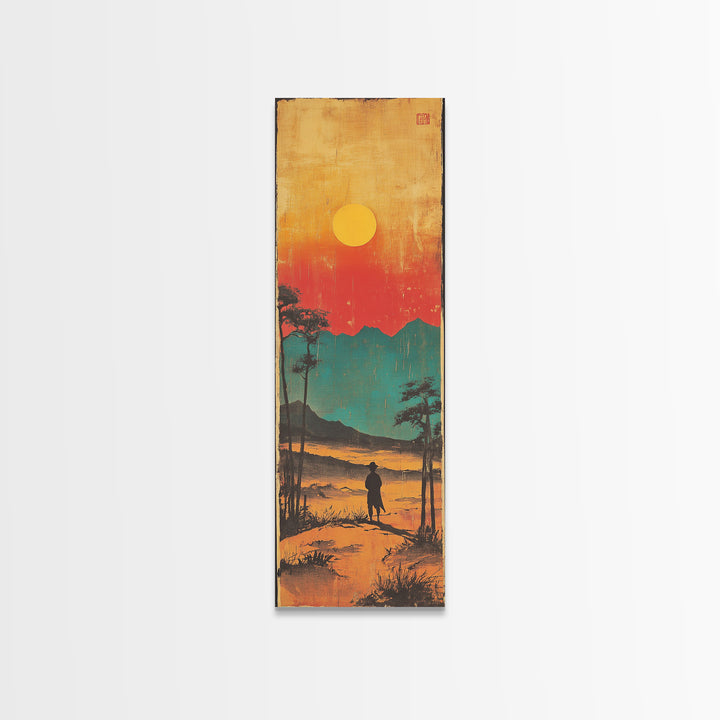 Lone Figure At Sunset Mountain Lake Framed Canvas Print, Japanese Landscape Wall Art, Moody Nature Decor, Vertical Poster