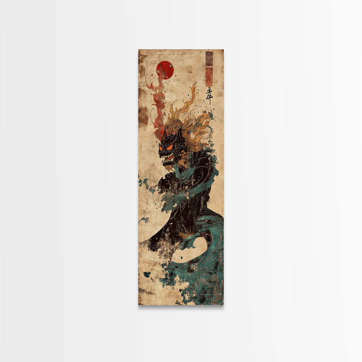 Dark Japanese Dragon With Red Sun Canvas Print, Mythical Fantasy Wall Art, Asian Warrior Decor, Gothic Statement Poster Art