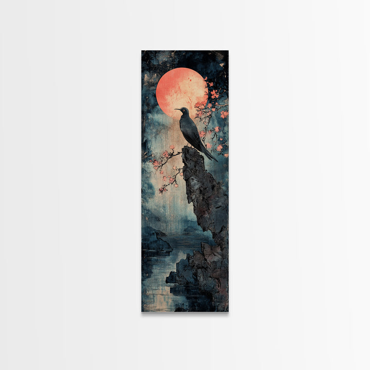 Black Bird By Pink Moon, Japanese Seascape Wall Art, Cherry Blossom Print, Moody Coastal Decor, Large Canvas Wall Art For Living Room