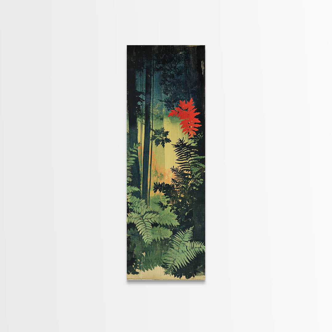 Dark Forest Ferns With Red Maple Glow Wall Art, Botanical Nature Print, Moody Woodland Decor, Large Framed Canvas Print For Spa Decor