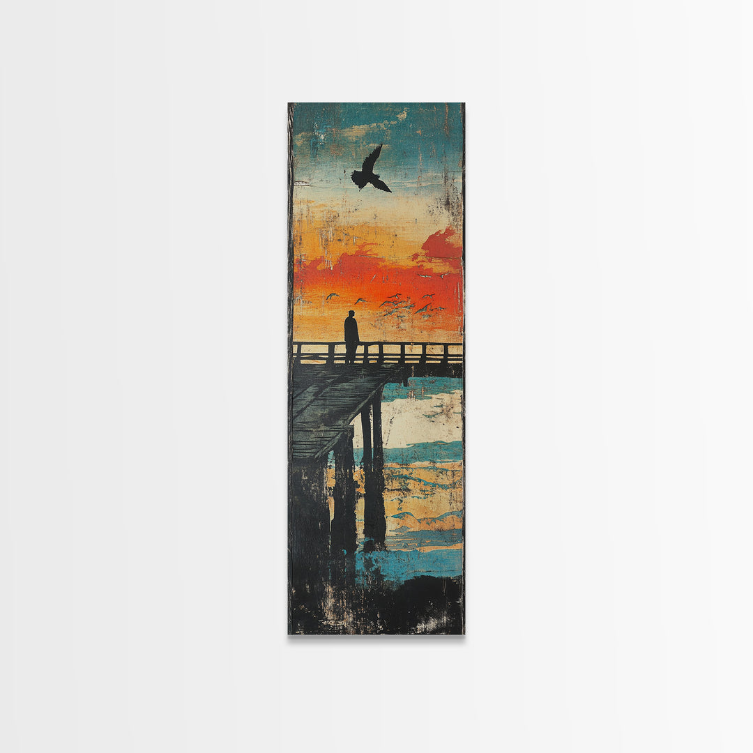 Sunset Pier Silhouette Framed Canvas Print, Coastal Wall Art, Ocean Landscape Art, Seaside Wall Decor, Living Room Decor