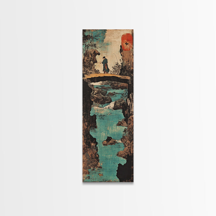 Japanese Bridge Fisherman Wall Art, Asian Landscape Print, Zen Home Decor, Japandi Wall Decor, Serene Living Room Art Gift