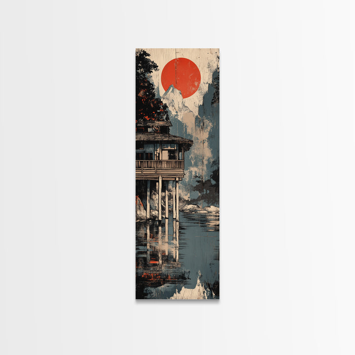 Mountain Lake Cabin Canvas Print, Japanese Wall Art, Japandi Wall Decor, Serene Landscape Art, Modern Coastal Home Decor