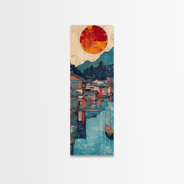 Harbor Village At Sunset Framed Canvas Print, Japanese Wall Art, Mountain Lake Decor, Asian Landscape Print, Coastal Home Decor