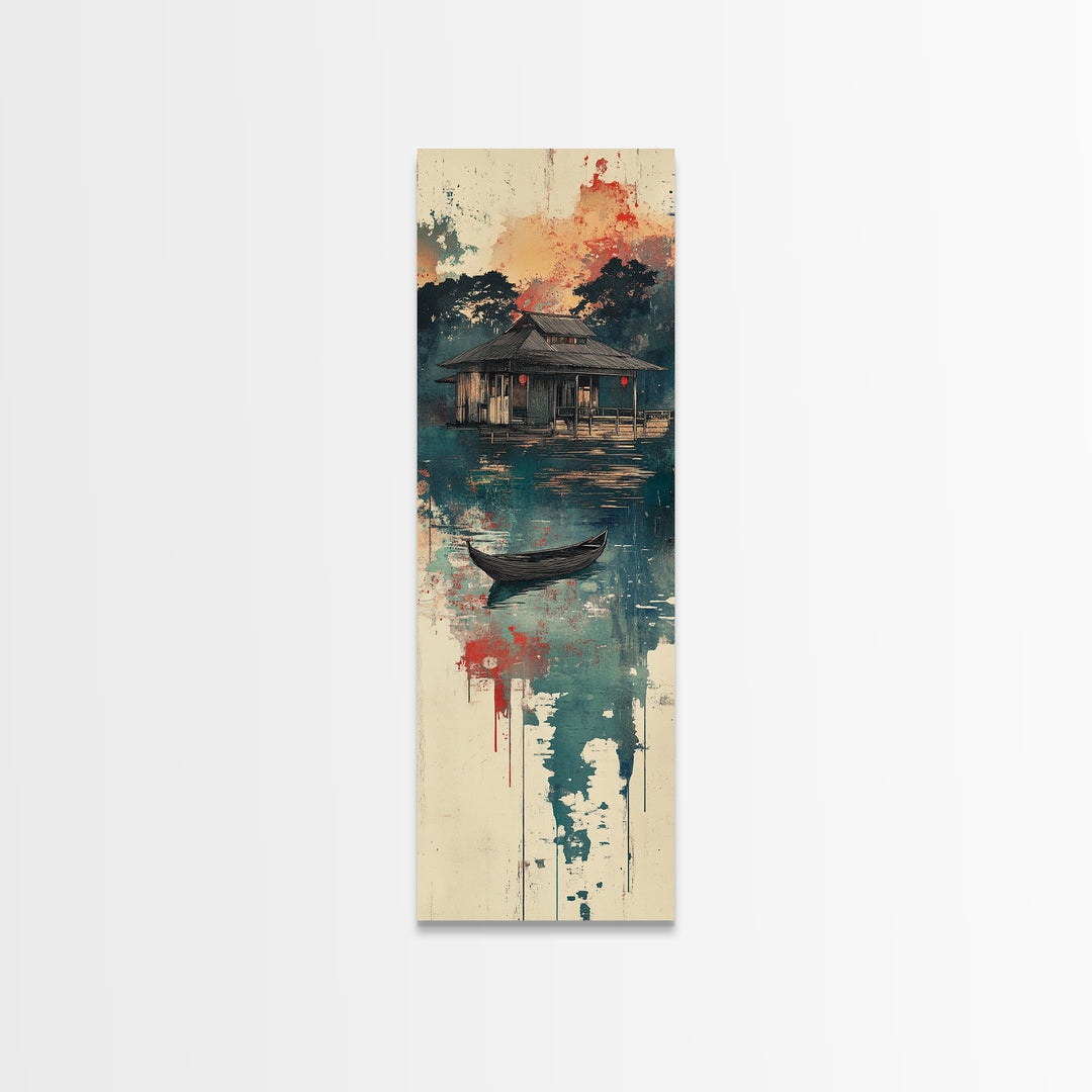 Floating Lake House Canvas Print, Misty Japanese Wall Art, Serene Boat Landscape, Japandi Decor, Peaceful Coastal Wall Decor