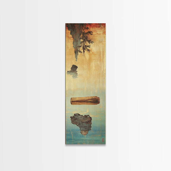 Floating Log And Stone Canvas Print, Japanese Zen Landscape Wall Art, Rustic Wabi Sabi Decor For Serene Living Room Decor
