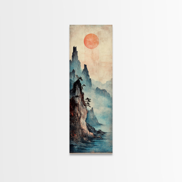 Red Sun Misty Mountain Wall Art, Japanese Landscape Canvas Print, Moody Asian Decor, Serene Nature Art For Living Room Decor