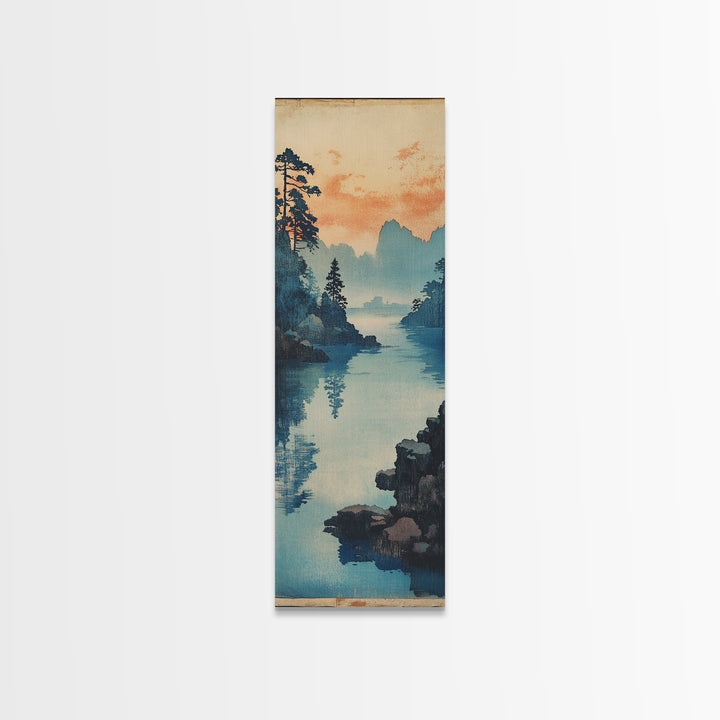 Blue Lake And Pine Forest Wall Art, Japanese Landscape Canvas Print, Serene Coastal Nature Decor For Living Room Above Sofa Decor
