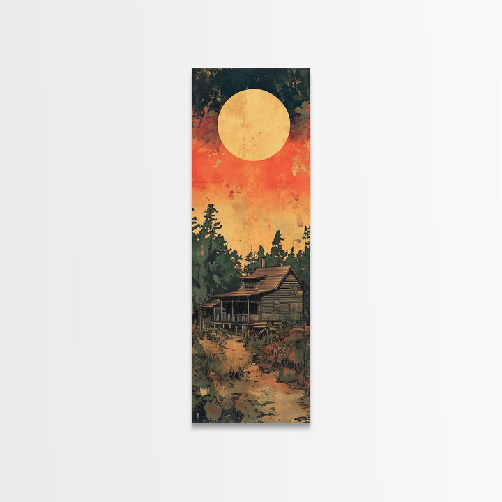 Rustic Cabin Moon Canvas Print, Japanese Forest Wall Art, Orange Sunset Landscape Decor For Cozy Cabin Living Room Wall Decor