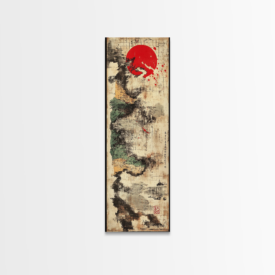 Abstract Sumi Ink Red Sun Wall Art, Japanese Minimalist Canvas Print, Wabi Sabi Decor, Modern Zen Office Wall Decor For Entryway