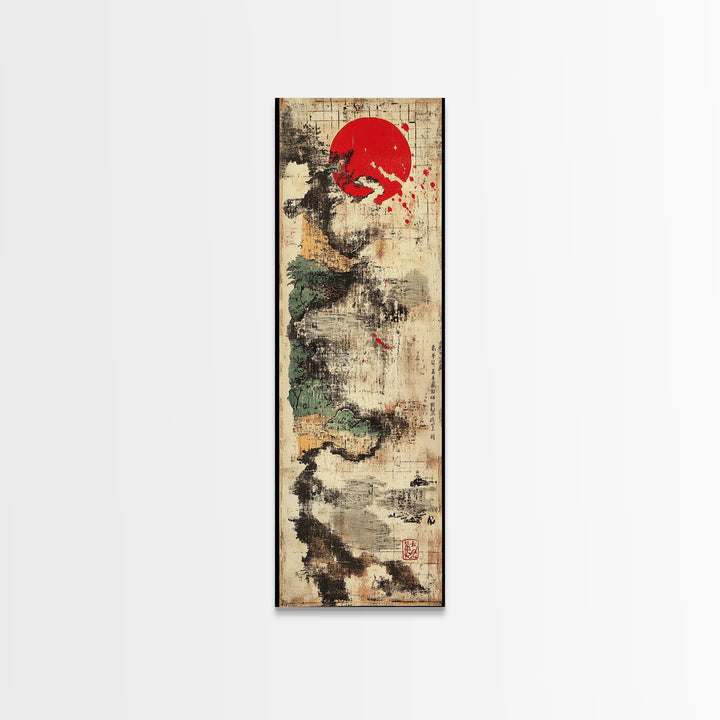 Abstract Sumi Ink Red Sun Wall Art, Japanese Minimalist Canvas Print, Wabi Sabi Decor, Modern Zen Office Wall Decor For Entryway