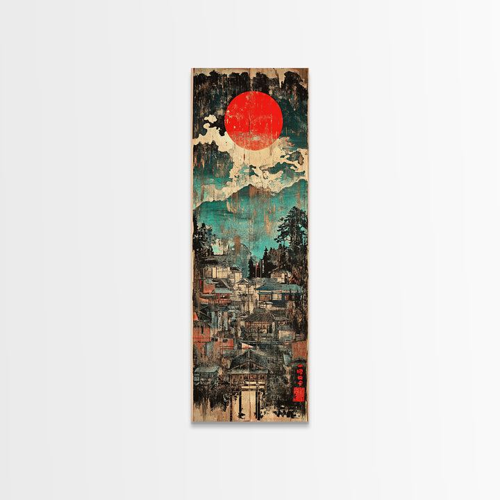 Red Sun Mountain Town Wall Art, Japanese Landscape Canvas Print, Rustic Wabi Sabi Decor, Teal Blue Living Room Wall Art Print