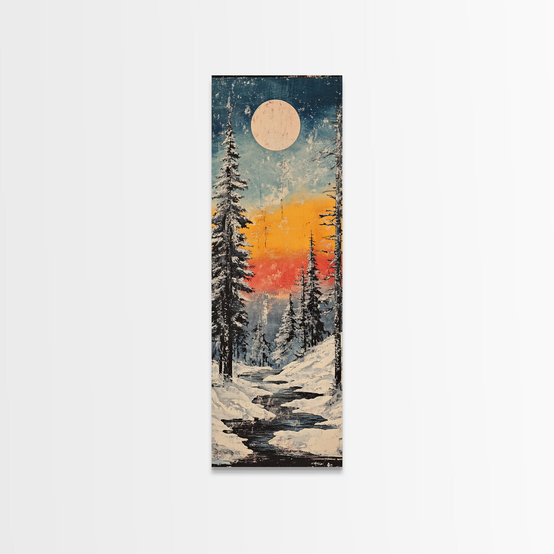 Snowy Pine Forest Moonrise Wall Art, Winter Landscape Canvas Print, Cozy Cabin Decor, Japandi Nature Art For Living Room