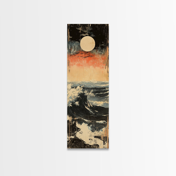Full Moon Ocean Wave Wall Art, Japanese Seascape Canvas Print, Moody Coastal Decor, Blue Nautical Art For Living Room Decor