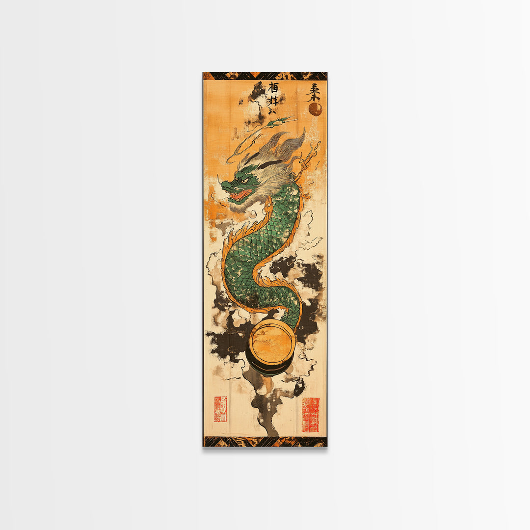 Emerald Japanese Dragon With Pearl Wall Art, Asian Fantasy Canvas Print, Mythical Creature Decor, Japanese Artwork Gift Idea