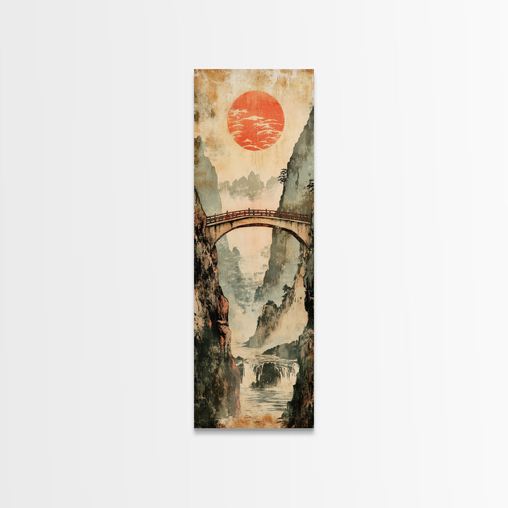 Misty Gorge Bridge And Red Sun Canvas Print, Japanese Landscape Wall Art, Zen Home Decor, Waterfall Art, Japandi Wall Decor