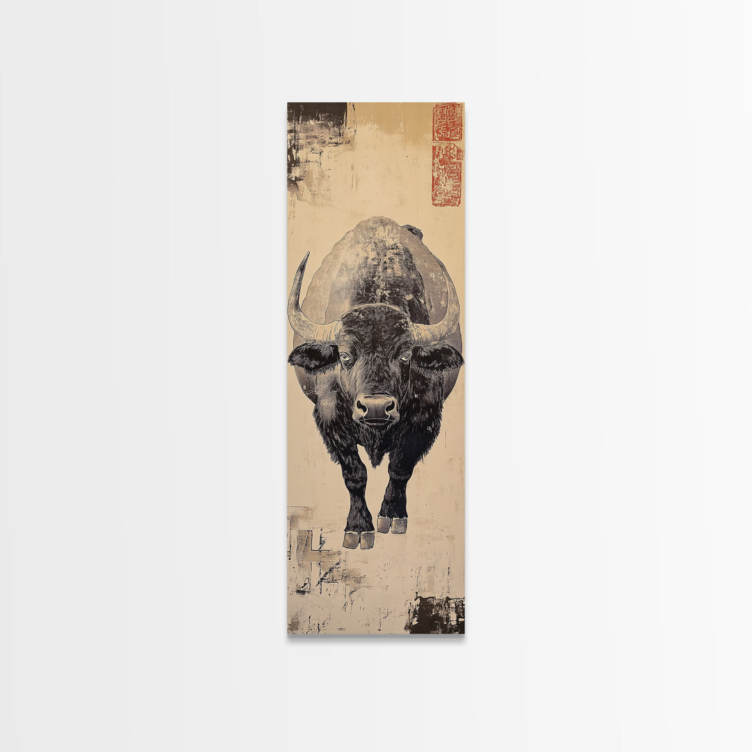 Black Bison Ink Study Wall Art, Rustic Wildlife Canvas Wall Art, Western Decor, Japanese Inspired Print, Gift For Him, Lodge Home Decor
