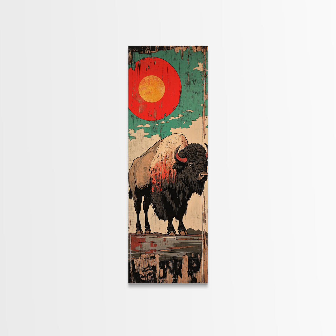 Red Sun Bison Wall Art, Bold Western Buffalo Canvas Print, Rustic Lodge Decor, Teal Desert Artwork, Housewarming Gift, Man Cave Decor